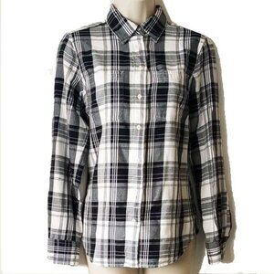 LRL Cotton Button Down Shirt S Roll Up Tab Sleeves Black White Plaid